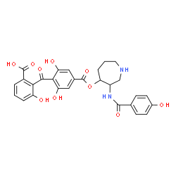 ChemSpider 2D Image | 2-{2,6-Dihydroxy-4-[({3-[(4-hydroxybenzoyl)amino]-4-azepanyl}oxy)carbonyl]benzoyl}-3-hydroxybenzoic acid | C28H26N2O10