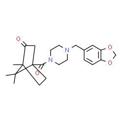 ChemSpider 2D Image | 4-{[4-(1,3-Benzodioxol-5-ylmethyl)-1-piperazinyl]carbonyl}-1,7,7-trimethylbicyclo[2.2.1]heptan-2-one | C23H30N2O4