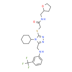 ChemSpider 2D Image | 2-{[4-Cyclohexyl-5-({[3-(trifluoromethyl)phenyl]amino}methyl)-4H-1,2,4-triazol-3-yl]sulfanyl}-N-(tetrahydro-2-furanylmethyl)acetamide | C23H30F3N5O2S
