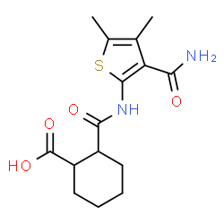 ChemSpider 2D Image | 2-[(3-Carbamoyl-4,5-dimethyl-2-thienyl)carbamoyl]cyclohexanecarboxylic acid | C15H20N2O4S