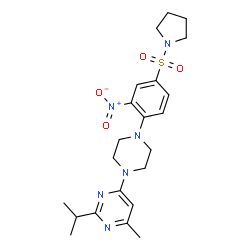 ChemSpider 2D Image | 2-Isopropyl-4-methyl-6-{4-[2-nitro-4-(1-pyrrolidinylsulfonyl)phenyl]-1-piperazinyl}pyrimidine | C22H30N6O4S