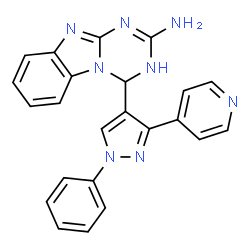 ChemSpider 2D Image | 4-[1-Phenyl-3-(4-pyridinyl)-1H-pyrazol-4-yl]-1,4-dihydro[1,3,5]triazino[1,2-a]benzimidazol-2-amine | C23H18N8