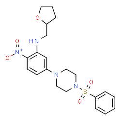 ChemSpider 2D Image | 2-Nitro-5-[4-(phenylsulfonyl)-1-piperazinyl]-N-(tetrahydro-2-furanylmethyl)aniline | C21H26N4O5S