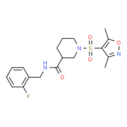 ChemSpider 2D Image | 1-[(3,5-Dimethyl-1,2-oxazol-4-yl)sulfonyl]-N-(2-fluorobenzyl)-3-piperidinecarboxamide | C18H22FN3O4S