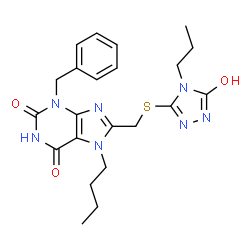 ChemSpider 2D Image | 3-Benzyl-7-butyl-8-{[(5-oxo-4-propyl-4,5-dihydro-1H-1,2,4-triazol-3-yl)sulfanyl]methyl}-3,7-dihydro-1H-purine-2,6-dione | C22H27N7O3S