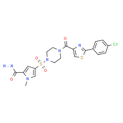 ChemSpider 2D Image | 4-[(4-{[2-(4-Chlorophenyl)-1,3-thiazol-4-yl]carbonyl}-1-piperazinyl)sulfonyl]-1-methyl-1H-pyrrole-2-carboxamide | C20H20ClN5O4S2