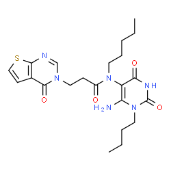 ChemSpider 2D Image | N-(6-Amino-1-butyl-2,4-dioxo-1,2,3,4-tetrahydro-5-pyrimidinyl)-3-(4-oxothieno[2,3-d]pyrimidin-3(4H)-yl)-N-pentylpropanamide | C22H30N6O4S
