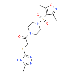 ChemSpider 2D Image | 1-{4-[(3,5-Dimethyl-1,2-oxazol-4-yl)sulfonyl]-1-piperazinyl}-2-[(3-methyl-1H-1,2,4-triazol-5-yl)sulfanyl]ethanone | C14H20N6O4S2