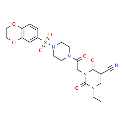 ChemSpider 2D Image | 3-{2-[4-(2,3-Dihydro-1,4-benzodioxin-6-ylsulfonyl)-1-piperazinyl]-2-oxoethyl}-1-ethyl-2,4-dioxo-1,2,3,4-tetrahydro-5-pyrimidinecarbonitrile | C21H23N5O7S