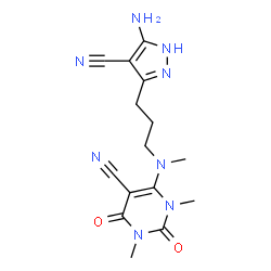 ChemSpider 2D Image | 6-{[3-(5-Amino-4-cyano-1H-pyrazol-3-yl)propyl](methyl)amino}-1,3-dimethyl-2,4-dioxo-1,2,3,4-tetrahydro-5-pyrimidinecarbonitrile | C15H18N8O2