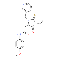 ChemSpider 2D Image | 2-[1-Ethyl-5-oxo-3-(3-pyridinylmethyl)-2-thioxo-4-imidazolidinyl]-N-(4-methoxyphenyl)acetamide | C20H22N4O3S