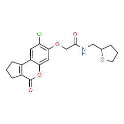 ChemSpider 2D Image | 2-[(8-Chloro-4-oxo-1,2,3,4-tetrahydrocyclopenta[c]chromen-7-yl)oxy]-N-(tetrahydro-2-furanylmethyl)acetamide | C19H20ClNO5