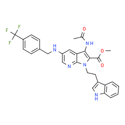 ChemSpider 2D Image | Methyl 3-acetamido-1-[2-(1H-indol-3-yl)ethyl]-5-{[4-(trifluoromethyl)benzyl]amino}-1H-pyrrolo[2,3-b]pyridine-2-carboxylate | C29H26F3N5O3