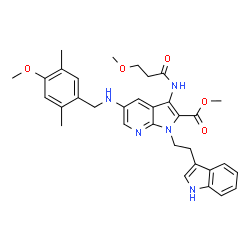 ChemSpider 2D Image | Methyl 1-[2-(1H-indol-3-yl)ethyl]-5-[(4-methoxy-2,5-dimethylbenzyl)amino]-3-[(3-methoxypropanoyl)amino]-1H-pyrrolo[2,3-b]pyridine-2-carboxylate | C33H37N5O5