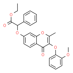 ChemSpider 2D Image | Ethyl {[3-(2-methoxyphenoxy)-2-methyl-4-oxo-4H-chromen-7-yl]oxy}(phenyl)acetate | C27H24O7