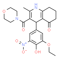 ChemSpider 2D Image | 4-(3-Ethoxy-4-hydroxy-5-nitrophenyl)-2-methyl-3-(4-morpholinylcarbonyl)-4,6,7,8-tetrahydro-5(1H)-quinolinone | C23H27N3O7