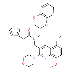 ChemSpider 2D Image | N-(2,3-Dihydro-1,4-benzodioxin-2-ylmethyl)-N-{[5,8-dimethoxy-2-(4-morpholinyl)-3-quinolinyl]methyl}-2-(3-thienyl)acetamide | C31H33N3O6S