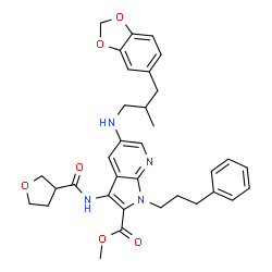 ChemSpider 2D Image | Methyl 5-{[3-(1,3-benzodioxol-5-yl)-2-methylpropyl]amino}-1-(3-phenylpropyl)-3-[(tetrahydro-3-furanylcarbonyl)amino]-1H-pyrrolo[2,3-b]pyridine-2-carboxylate | C34H38N4O6