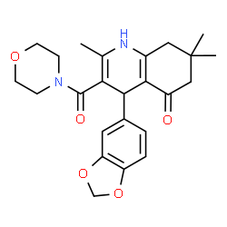ChemSpider 2D Image | 4-(1,3-Benzodioxol-5-yl)-2,7,7-trimethyl-3-(4-morpholinylcarbonyl)-4,6,7,8-tetrahydro-5(1H)-quinolinone | C24H28N2O5