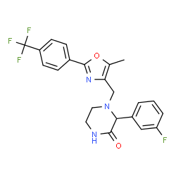 ChemSpider 2D Image | 3-(3-Fluorophenyl)-4-({5-methyl-2-[4-(trifluoromethyl)phenyl]-1,3-oxazol-4-yl}methyl)-2-piperazinone | C22H19F4N3O2