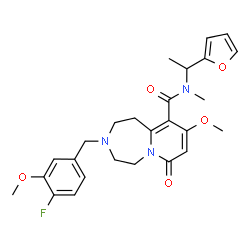 ChemSpider 2D Image | 3-(4-Fluoro-3-methoxybenzyl)-N-[1-(2-furyl)ethyl]-9-methoxy-N-methyl-7-oxo-1,2,3,4,5,7-hexahydropyrido[1,2-d][1,4]diazepine-10-carboxamide | C26H30FN3O5