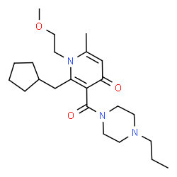 ChemSpider 2D Image | 2-(Cyclopentylmethyl)-1-(2-methoxyethyl)-6-methyl-3-[(4-propyl-1-piperazinyl)carbonyl]-4(1H)-pyridinone | C23H37N3O3