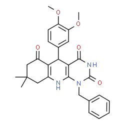 ChemSpider 2D Image | 1-Benzyl-5-(3,4-dimethoxyphenyl)-8,8-dimethyl-5,8,9,10-tetrahydropyrimido[4,5-b]quinoline-2,4,6(1H,3H,7H)-trione | C28H29N3O5