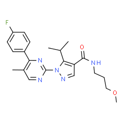 ChemSpider 2D Image | 1-[4-(4-Fluorophenyl)-5-methyl-2-pyrimidinyl]-5-isopropyl-N-(3-methoxypropyl)-1H-pyrazole-4-carboxamide | C22H26FN5O2