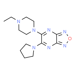 ChemSpider 2D Image | 5-(4-Ethyl-1-piperazinyl)-6-(1-pyrrolidinyl)[1,2,5]oxadiazolo[3,4-b]pyrazine | C14H21N7O