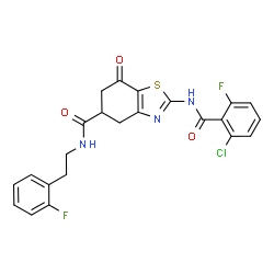 ChemSpider 2D Image | 2-[(2-Chloro-6-fluorobenzoyl)amino]-N-[2-(2-fluorophenyl)ethyl]-7-oxo-4,5,6,7-tetrahydro-1,3-benzothiazole-5-carboxamide | C23H18ClF2N3O3S