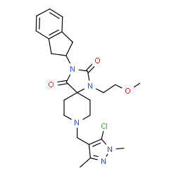 ChemSpider 2D Image | 8-[(5-Chloro-1,3-dimethyl-1H-pyrazol-4-yl)methyl]-3-(2,3-dihydro-1H-inden-2-yl)-1-(2-methoxyethyl)-1,3,8-triazaspiro[4.5]decane-2,4-dione | C25H32ClN5O3