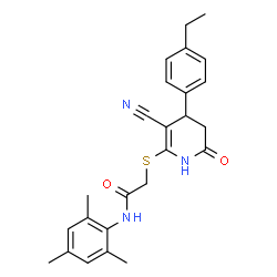 ChemSpider 2D Image | 2-{[3-Cyano-4-(4-ethylphenyl)-6-hydroxy-4,5-dihydropyridin-2-yl]sulfanyl}-N-mesitylacetamide | C25H27N3O2S