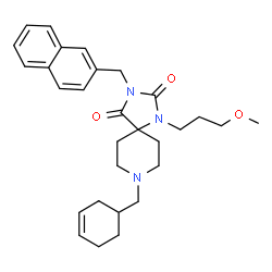 ChemSpider 2D Image | 8-(3-Cyclohexen-1-ylmethyl)-1-(3-methoxypropyl)-3-(2-naphthylmethyl)-1,3,8-triazaspiro[4.5]decane-2,4-dione | C29H37N3O3
