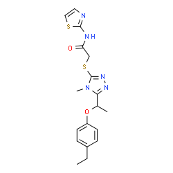 ChemSpider 2D Image | 2-({5-[1-(4-Ethylphenoxy)ethyl]-4-methyl-4H-1,2,4-triazol-3-yl}sulfanyl)-N-(1,3-thiazol-2-yl)acetamide | C18H21N5O2S2
