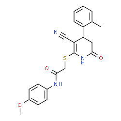 ChemSpider 2D Image | 2-{[3-Cyano-4-(2-methylphenyl)-6-oxo-1,4,5,6-tetrahydro-2-pyridinyl]sulfanyl}-N-(4-methoxyphenyl)acetamide | C22H21N3O3S