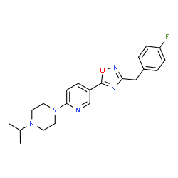 ChemSpider 2D Image | 1-{5-[3-(4-Fluorobenzyl)-1,2,4-oxadiazol-5-yl]-2-pyridinyl}-4-isopropylpiperazine | C21H24FN5O