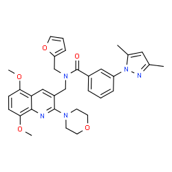ChemSpider 2D Image | N-{[5,8-Dimethoxy-2-(4-morpholinyl)-3-quinolinyl]methyl}-3-(3,5-dimethyl-1H-pyrazol-1-yl)-N-(2-furylmethyl)benzamide | C33H35N5O5