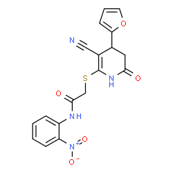 ChemSpider 2D Image | 2-{[3-Cyano-4-(2-furyl)-6-oxo-1,4,5,6-tetrahydro-2-pyridinyl]sulfanyl}-N-(2-nitrophenyl)acetamide | C18H14N4O5S