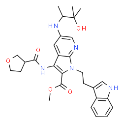 ChemSpider 2D Image | Methyl 5-[(3-hydroxy-3-methyl-2-butanyl)amino]-1-[2-(1H-indol-3-yl)ethyl]-3-[(tetrahydro-3-furanylcarbonyl)amino]-1H-pyrrolo[2,3-b]pyridine-2-carboxylate | C29H35N5O5