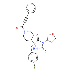 ChemSpider 2D Image | 5-(4-Fluorobenzyl)-5-[1-(3-phenyl-2-propynoyl)-4-piperidinyl]-3-(tetrahydro-3-furanyl)-2,4-imidazolidinedione | C28H28FN3O4