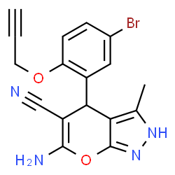 ChemSpider 2D Image | 6-Amino-4-[5-bromo-2-(2-propyn-1-yloxy)phenyl]-3-methyl-2,4-dihydropyrano[2,3-c]pyrazole-5-carbonitrile | C17H13BrN4O2