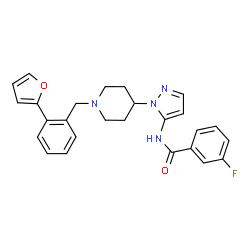 ChemSpider 2D Image | 3-Fluoro-N-(1-{1-[2-(2-furyl)benzyl]-4-piperidinyl}-1H-pyrazol-5-yl)benzamide | C26H25FN4O2