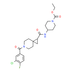 ChemSpider 2D Image | Ethyl 4-({[6-(3-chloro-4-fluorobenzoyl)-6-azaspiro[2.5]oct-1-yl]carbonyl}amino)-1-piperidinecarboxylate | C23H29ClFN3O4