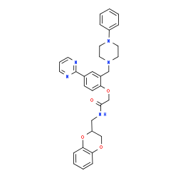 ChemSpider 2D Image | N-(2,3-Dihydro-1,4-benzodioxin-2-ylmethyl)-2-{2-[(4-phenyl-1-piperazinyl)methyl]-4-(2-pyrimidinyl)phenoxy}acetamide | C32H33N5O4