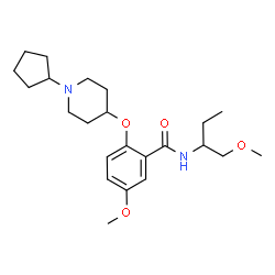 ChemSpider 2D Image | 2-[(1-Cyclopentyl-4-piperidinyl)oxy]-5-methoxy-N-(1-methoxy-2-butanyl)benzamide | C23H36N2O4