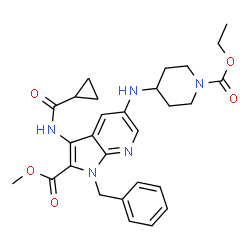 ChemSpider 2D Image | Methyl 1-benzyl-3-[(cyclopropylcarbonyl)amino]-5-{[1-(ethoxycarbonyl)-4-piperidinyl]amino}-1H-pyrrolo[2,3-b]pyridine-2-carboxylate | C28H33N5O5