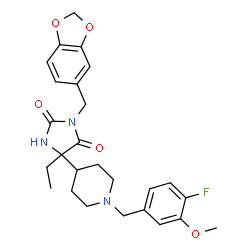 ChemSpider 2D Image | 3-(1,3-Benzodioxol-5-ylmethyl)-5-ethyl-5-[1-(4-fluoro-3-methoxybenzyl)-4-piperidinyl]-2,4-imidazolidinedione | C26H30FN3O5