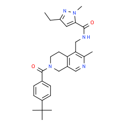 ChemSpider 2D Image | 3-Ethyl-1-methyl-N-({3-methyl-7-[4-(2-methyl-2-propanyl)benzoyl]-5,6,7,8-tetrahydro-2,7-naphthyridin-4-yl}methyl)-1H-pyrazole-5-carboxamide | C28H35N5O2