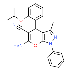 ChemSpider 2D Image | 6-Amino-4-(2-isopropoxyphenyl)-3-methyl-1-phenyl-1,4-dihydropyrano[2,3-c]pyrazole-5-carbonitrile | C23H22N4O2