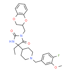 ChemSpider 2D Image | 3-(2,3-Dihydro-1,4-benzodioxin-2-ylmethyl)-5-ethyl-5-[1-(4-fluoro-3-methoxybenzyl)-4-piperidinyl]-2,4-imidazolidinedione | C27H32FN3O5